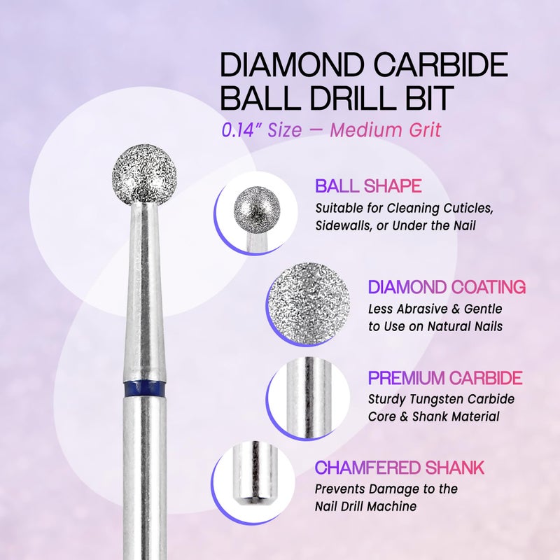 PANA 3/32" Diamond Carbide Ball Bit- Style 05, Medium Grit - Professional Cuticle Nail Drill Bits for Acrylic Gel Nails Dry Manicure Pedicure Shape Remove Tools - Image 3